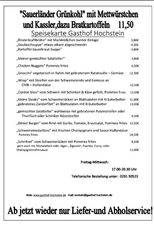 Speisekarte von Gaststätte Friedel Hochstein restaurant, Meschede
