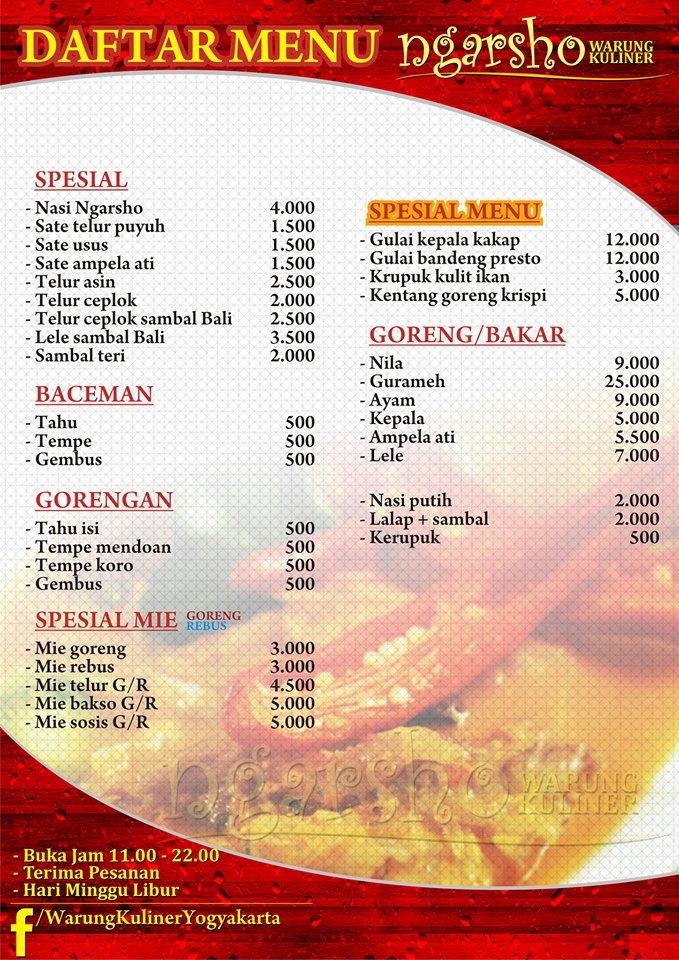 Menu at Warung Kuliner cafeteria, Yogyakarta