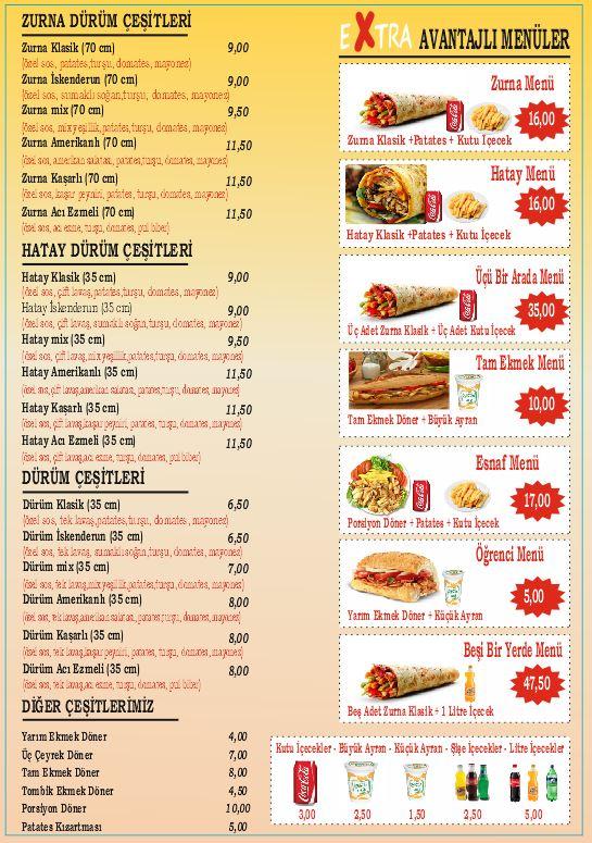 Menu at Yakup usta zurna dürüm, Istanbul
