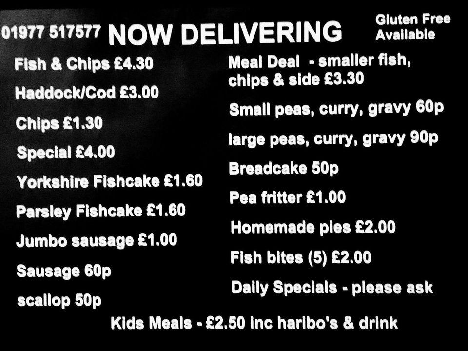Menu at Hoppy's Off the Hook fish and chip shop restaurant, Castleford