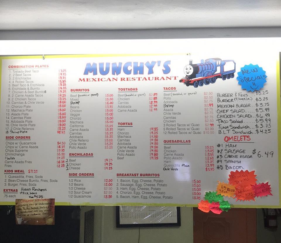 Menu at Munchy's Mexican Restaurant., Needles