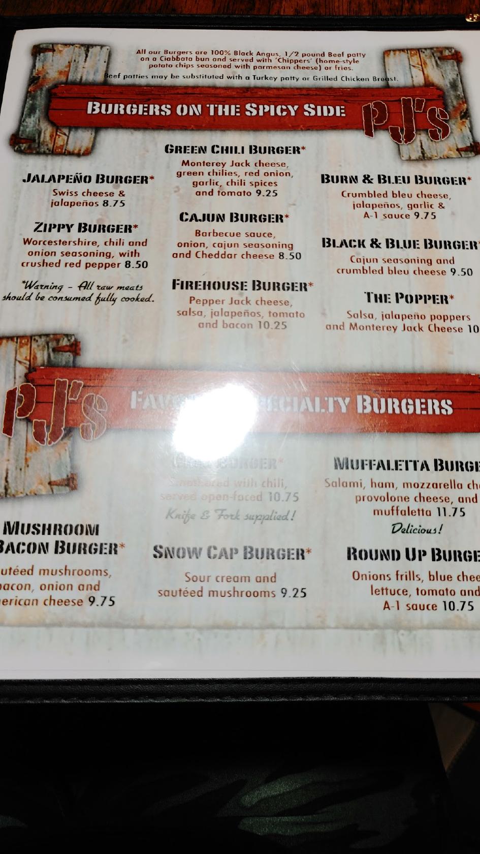 Menu at PJ's Burger Barn, Woodruff