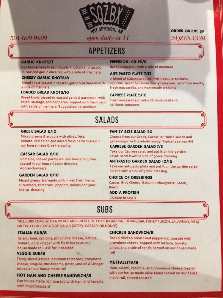 Menu at SQZBX Brewery & Pizza pizzeria, Hot Springs