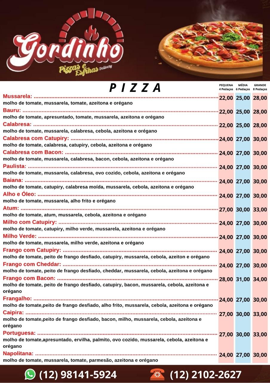 Menu em Gordinho Pizzas e Esfihas restaurante, Cachoeira Paulista