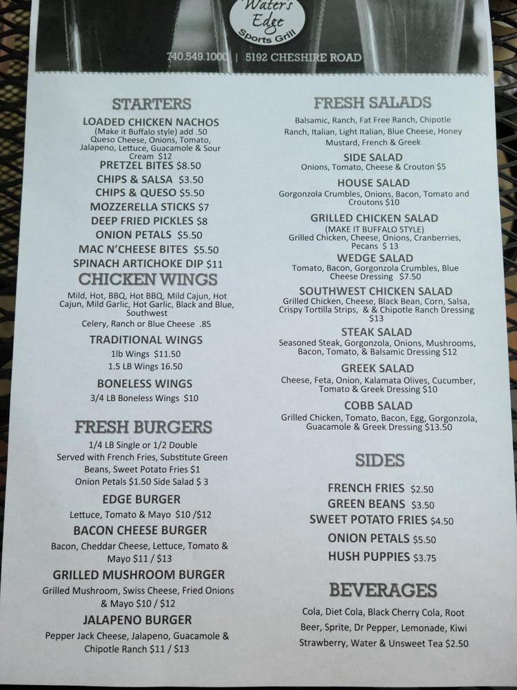 Menu At Water S Edge Sports Grill Restaurant Columbus