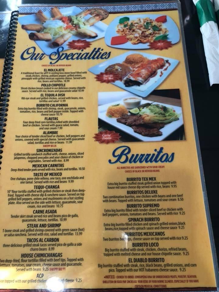 Menu at El Tequila restaurant, Saint Albans