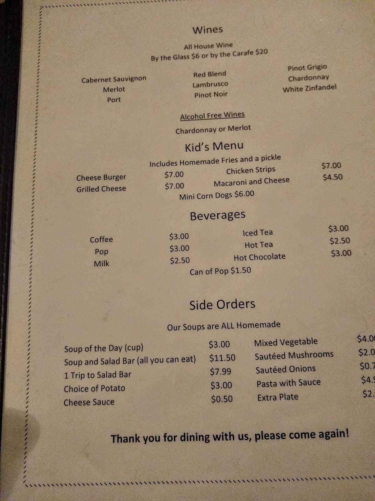 Menu at Kincaid’s Country Inn steakhouse, Rice Lake, County Hwy SS