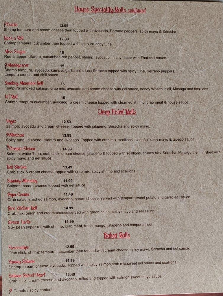 Menu at Rice kitchen Thai,Sushi & Hibachi restaurant, Loudon