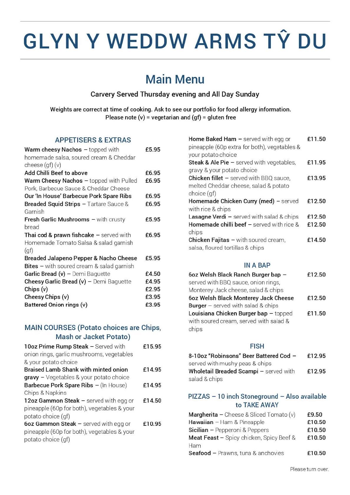 Menu at Glyn Y Weddw Arms pub & bar, Llanbedrog