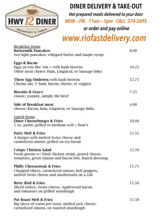 Menu at Hwy 12 Diner cafe, Rio Vista