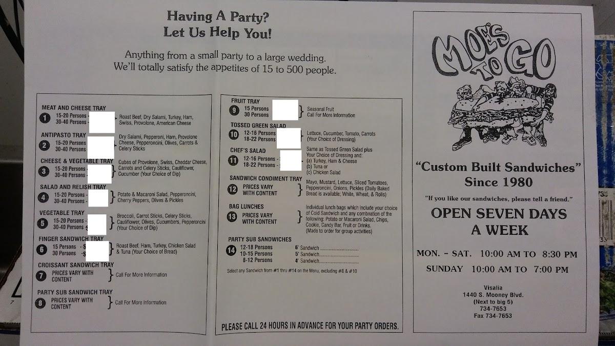 Menu at Moe's To Go Sub Sandwiches restaurant, Visalia, S Mooney Blvd