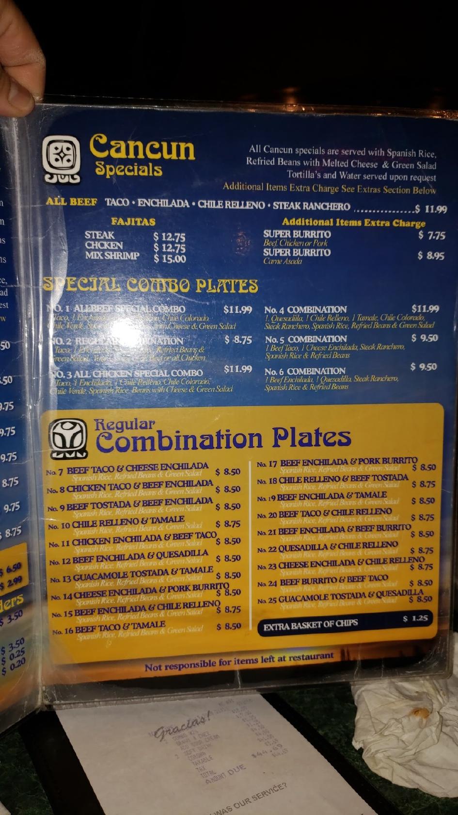 Menu at Cancun Restaurant, Stockton