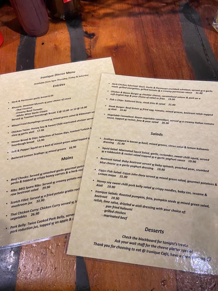 Menu at Ironique Cafe, Te Aroha
