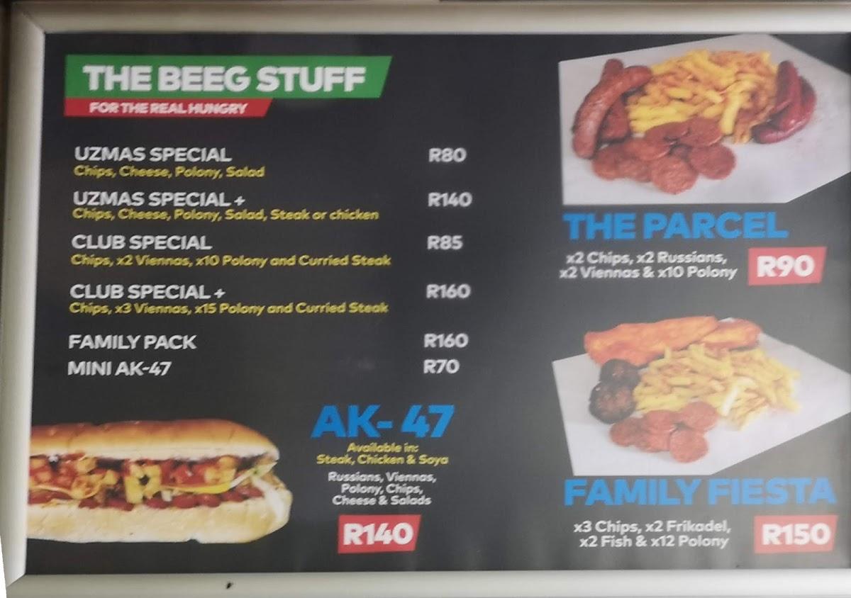 Menu at Uzma's Fast Foods, Boksburg