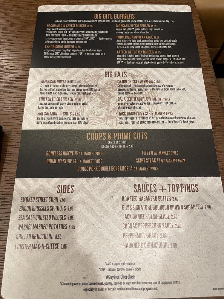 Menu at Guy Fieri's Cherokee Kitchen & Bar, Cherokee