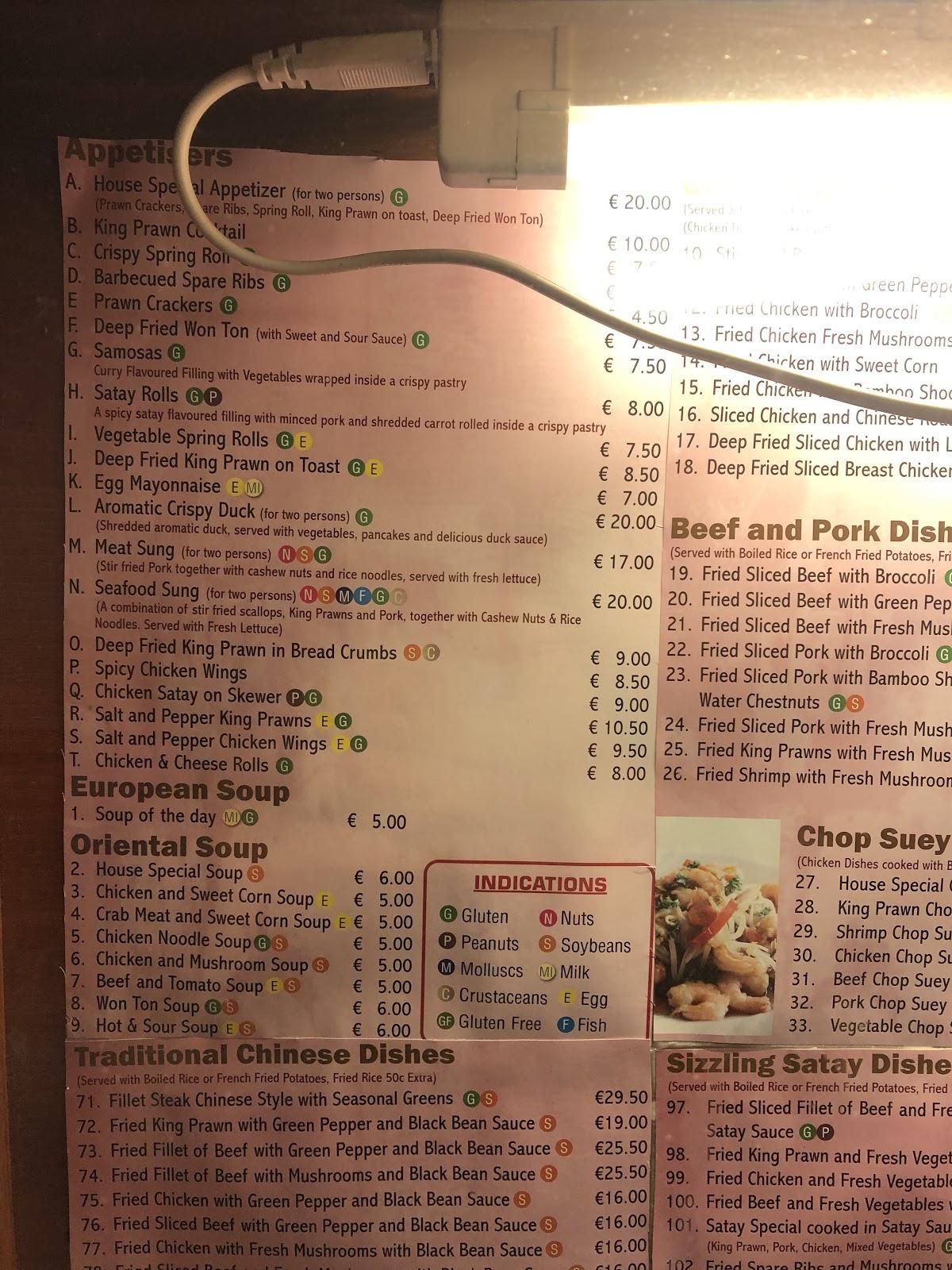 Menu at Pearl River restaurant, Cork