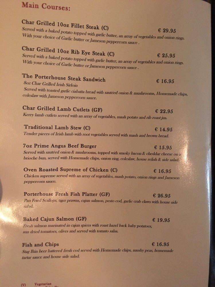 Menu at Porterhouse pub & bar, Killarney