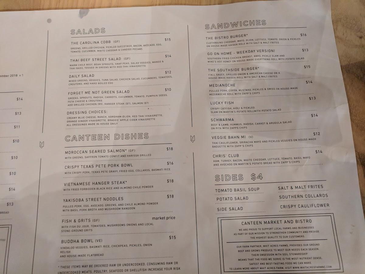 Menu at Canteen Still Life pub & bar, WinstonSalem