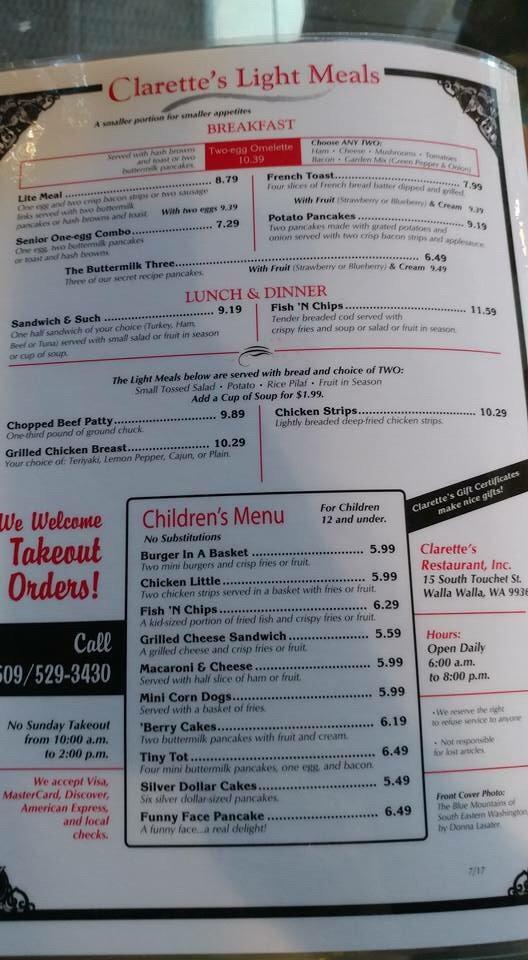 Menu at Clarette's Restaurant, Walla Walla, 15 S Touchet St