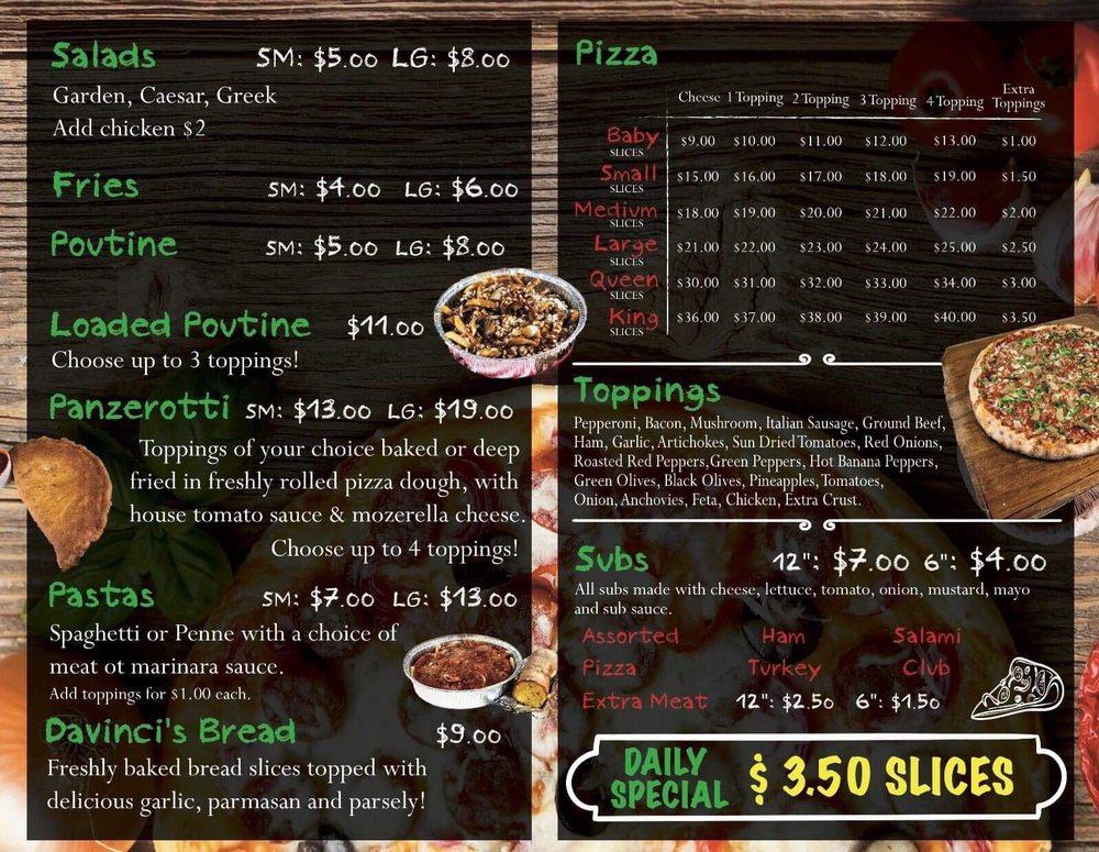 Menu at DaVinci's Pizza pizzeria, Windsor