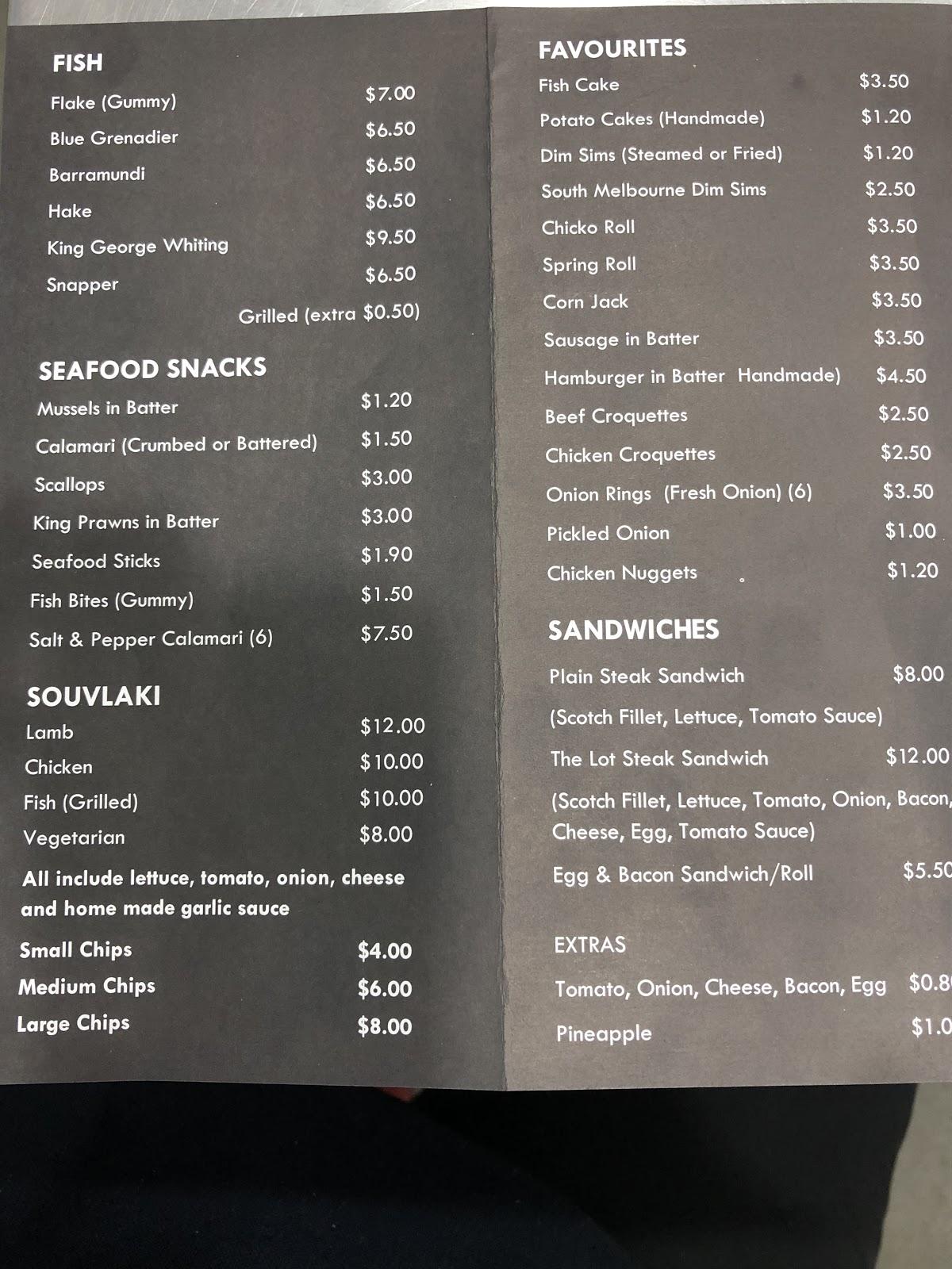 Menu at Pier 4 Fish & Chippery restaurant, Doreen