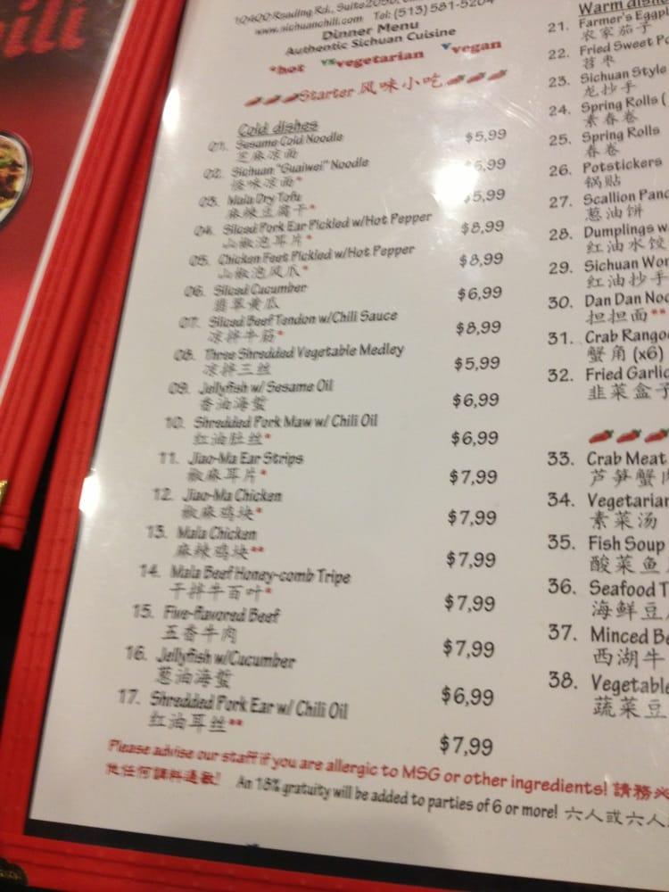 Menu at Sichuan Chili restaurant, Cincinnati, Reading Rd #205b