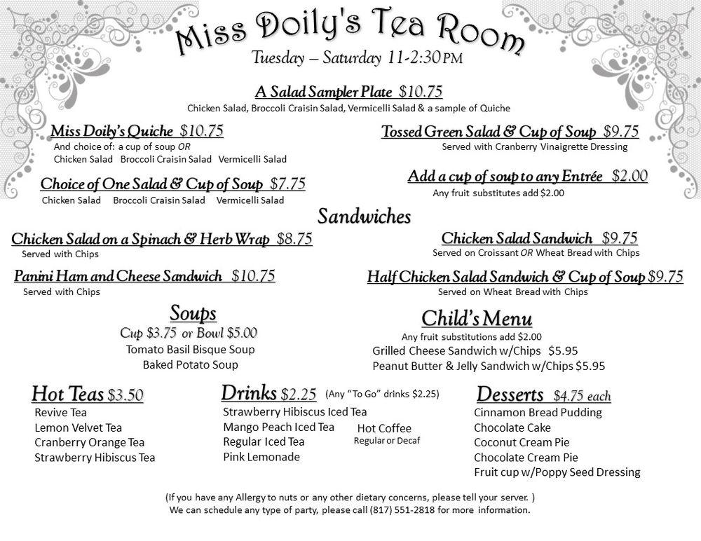 Menu at Miss Doily's Tea Room desserts, Crowley