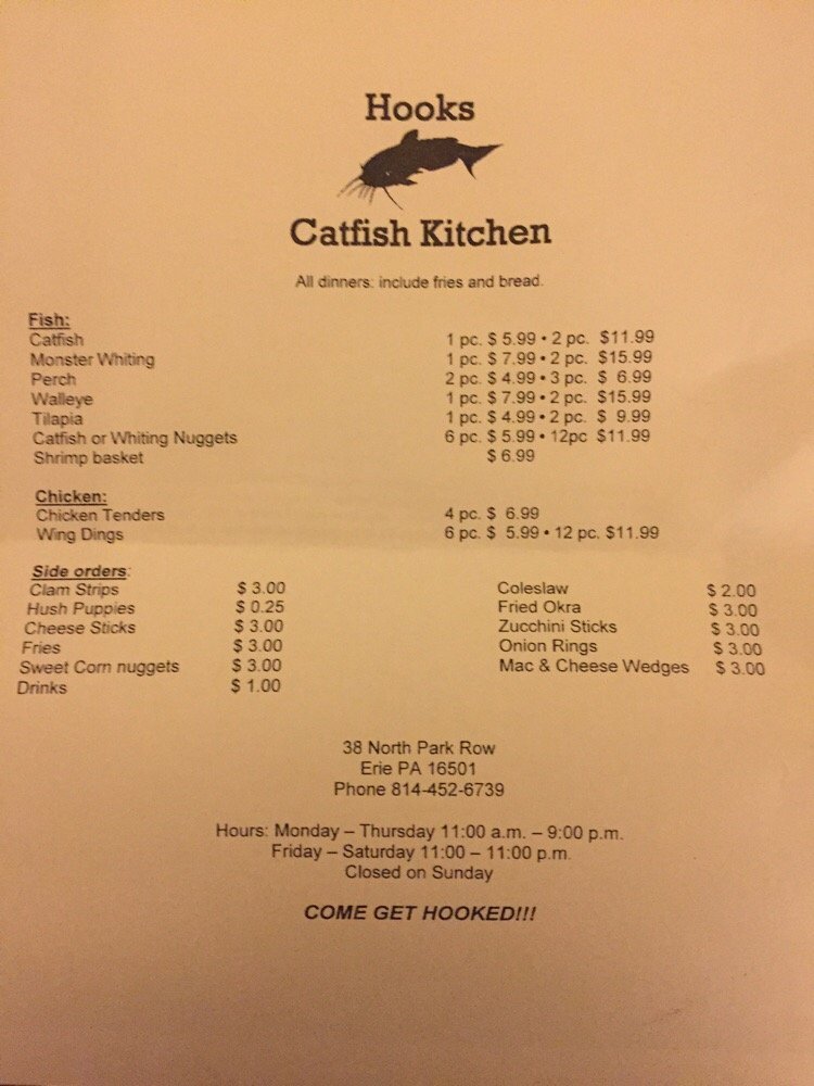 Menu at Hooks Catfish Kitchen restaurant, Erie, 38 N Park Row