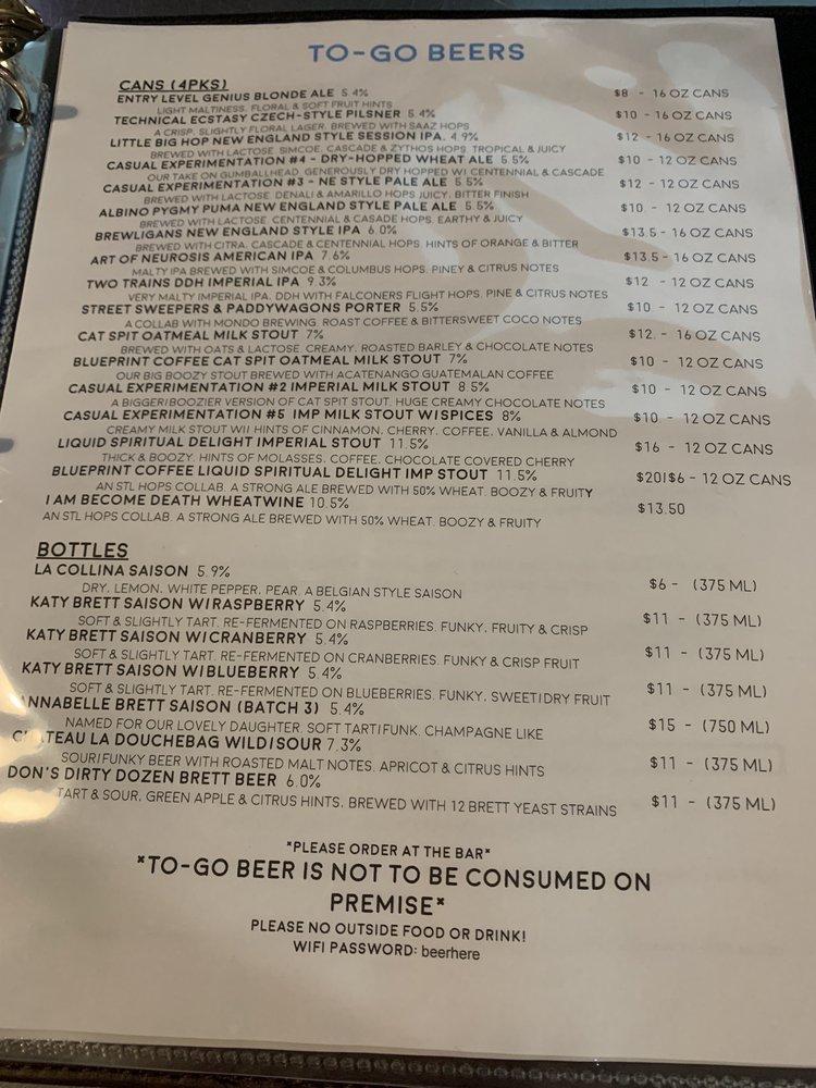 Menu at 2nd Shift Brewing, St. Louis