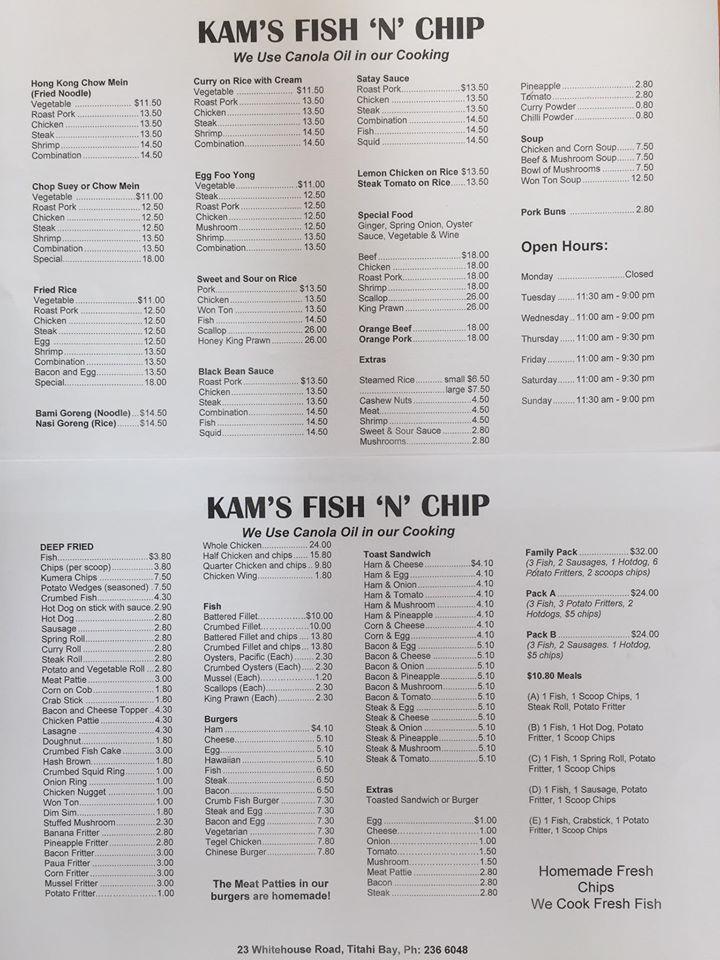 Menu At Kam S Fish Chips Restaurant Porirua   R785 Kams Fish And Chips Menu 