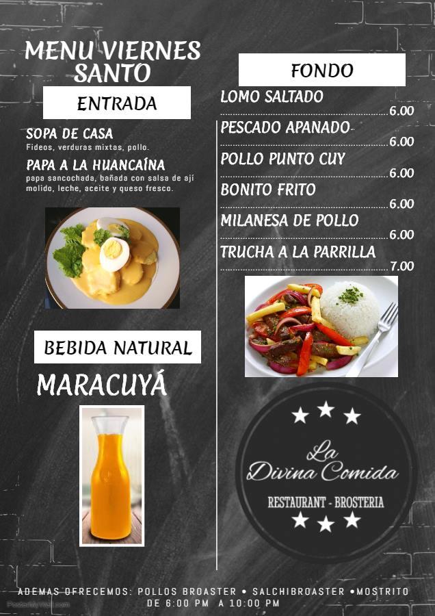 Menu at La Divina Comida restaurant, Huaraz