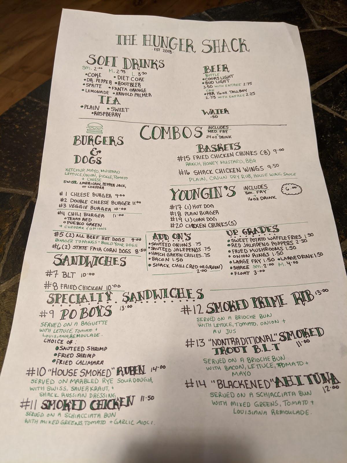 Menu at Hunger Shack restaurant, Poncha Springs