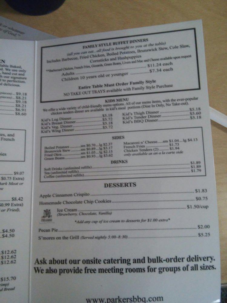 Menu at Parker's Barbecue Restaurant, Greenville, S Memorial Dr