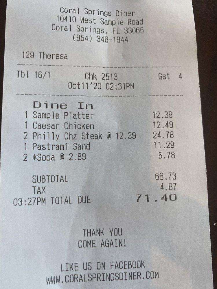 Menu at Coral Springs Diner restaurant, Coral Springs, W Sample Rd