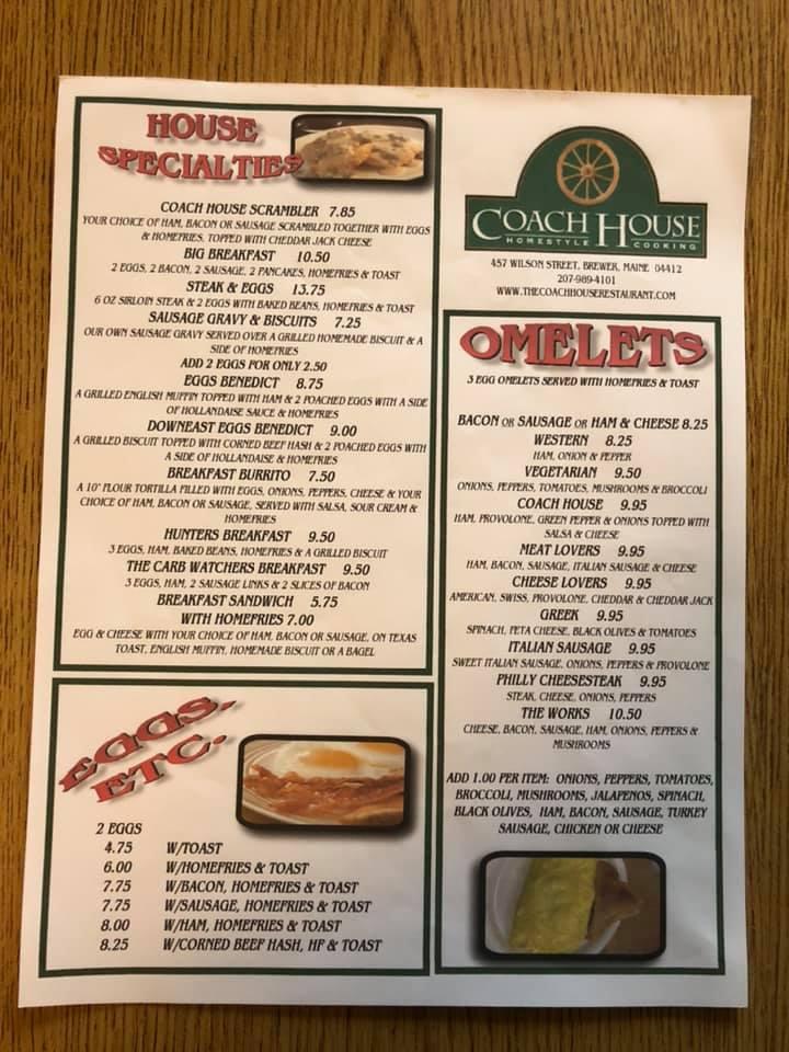 Menu at The Coach House Restaurant, Brewer