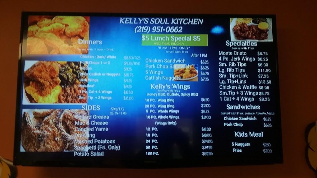 Menu at Kelly's Soul Kitchen restaurant, Gary