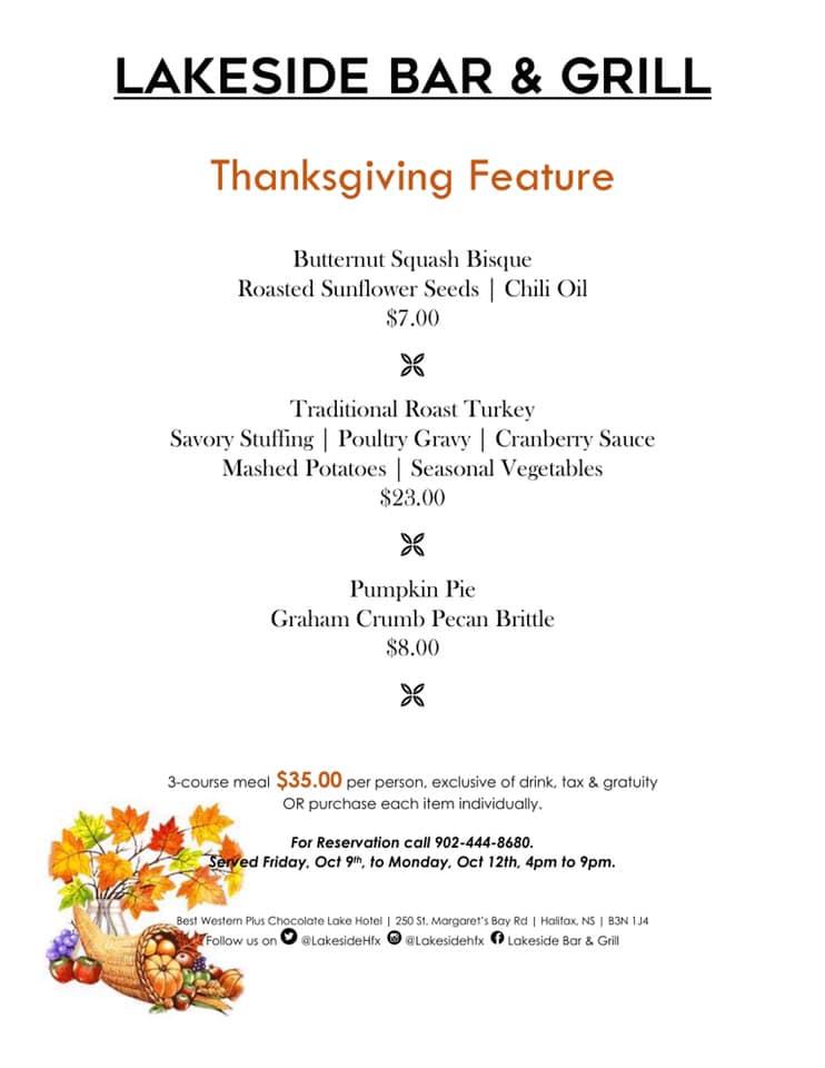 Menu at Lakeside Bar & Grill at Best Western Plus Chocolate Lake, Halifax