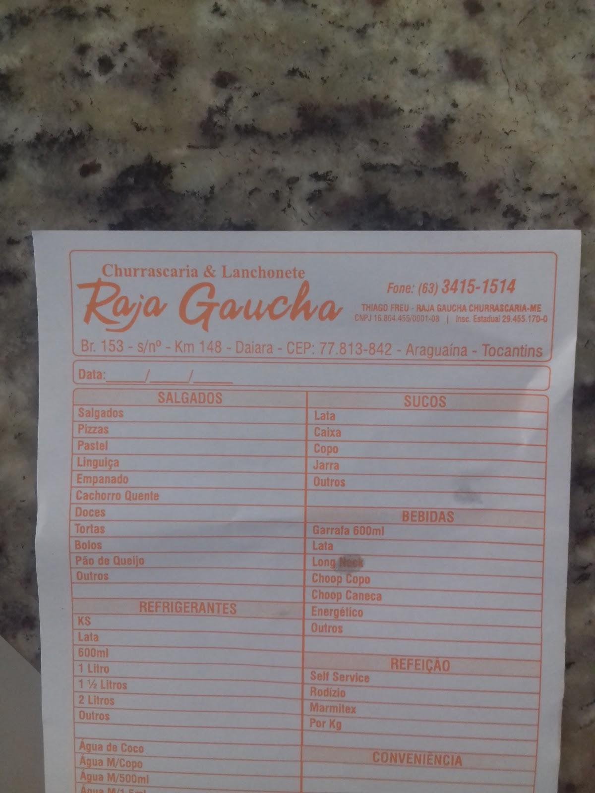 Lanchonete Raja Gaucha cardápio