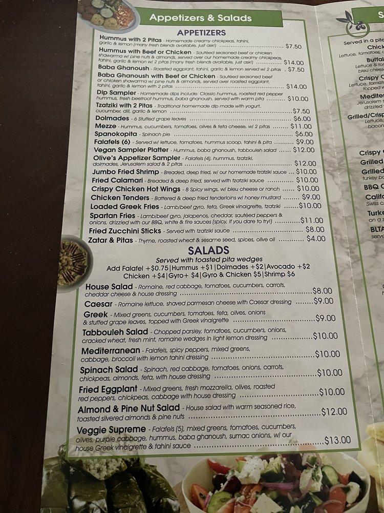 Menu at Olive Falafel restaurant, Middletown