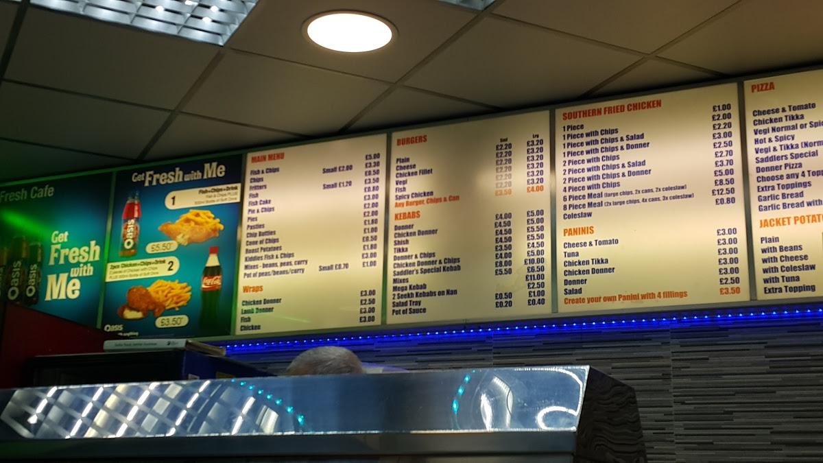 Menu at Saddlers Halal fast food, Derby