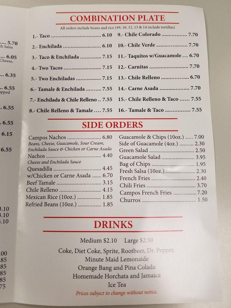 Menu at Campos Famous Burritos restaurant, Simi Valley