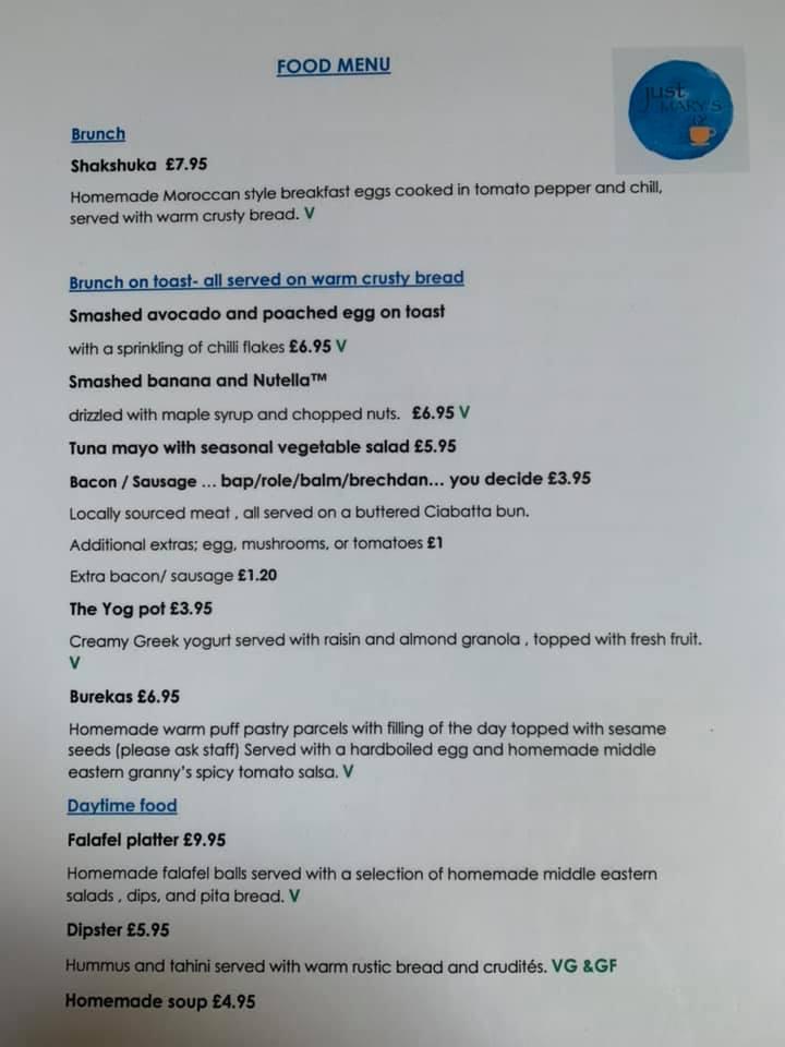 Menu at just Mary's, Abersoch cafe, Abersoch