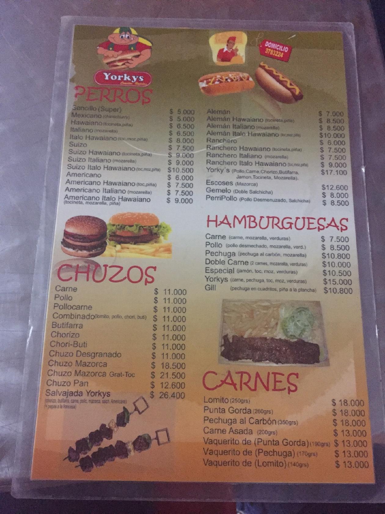 Menu at Yorky's restaurant, Barranquilla