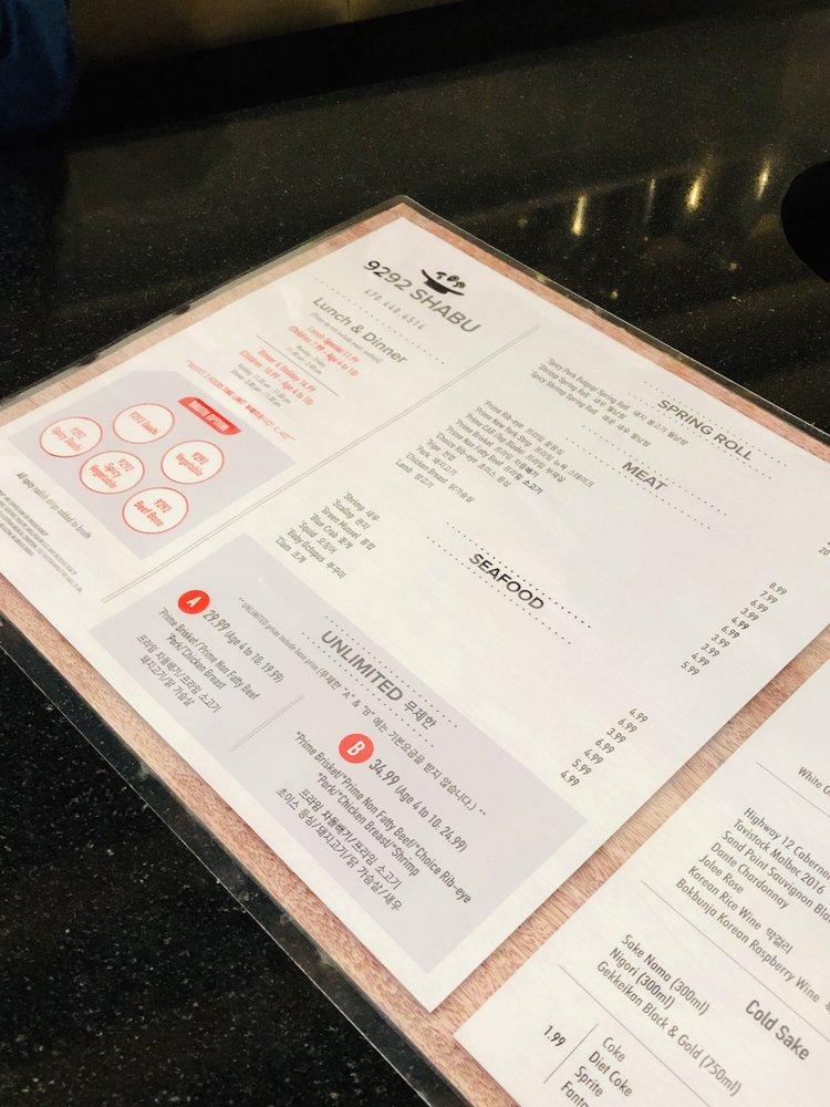 Menu at 9292 Shabu Healthy Korean restaurant, hot pot Duluth, GA