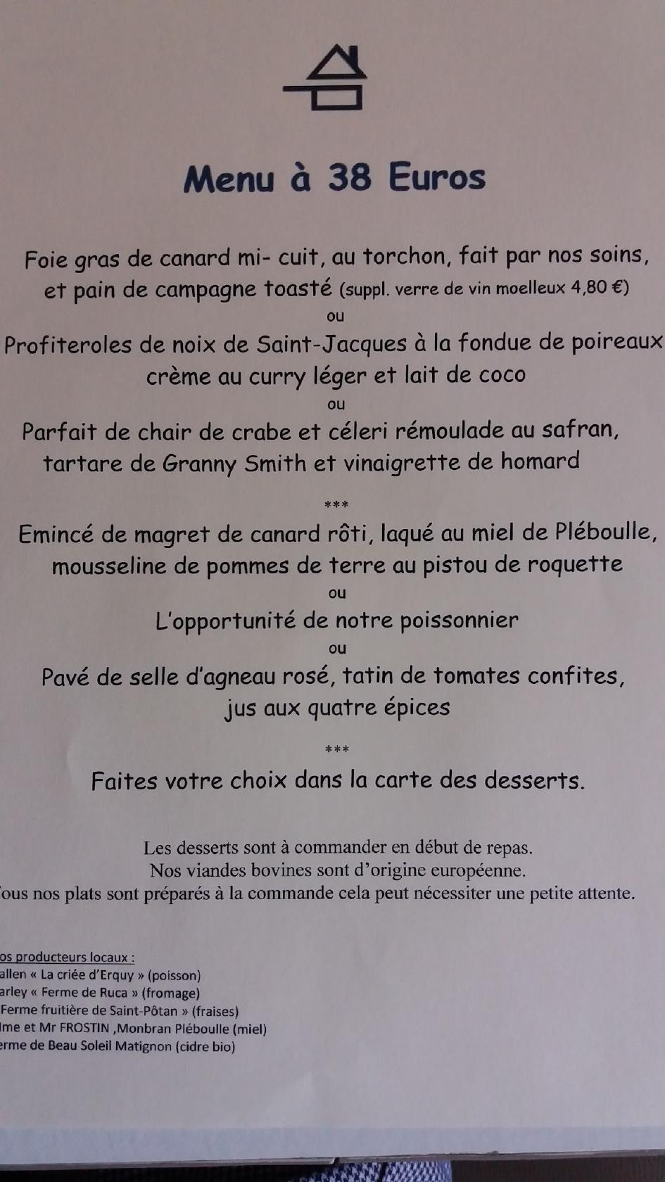 Menu au Le Cap Matignon restaurant, Matignon