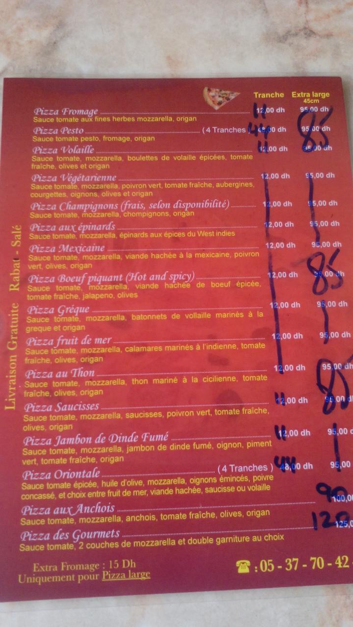 Menu at Pizza des Gourmets restaurant, Rabat, 8 Rue al Mouahidine