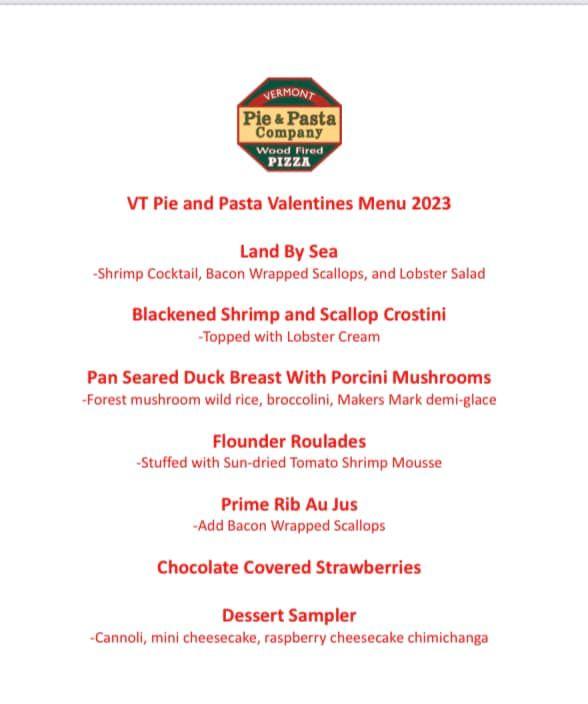 Menu at Vermont Pie & Pasta Company pizzeria, Derby, US5
