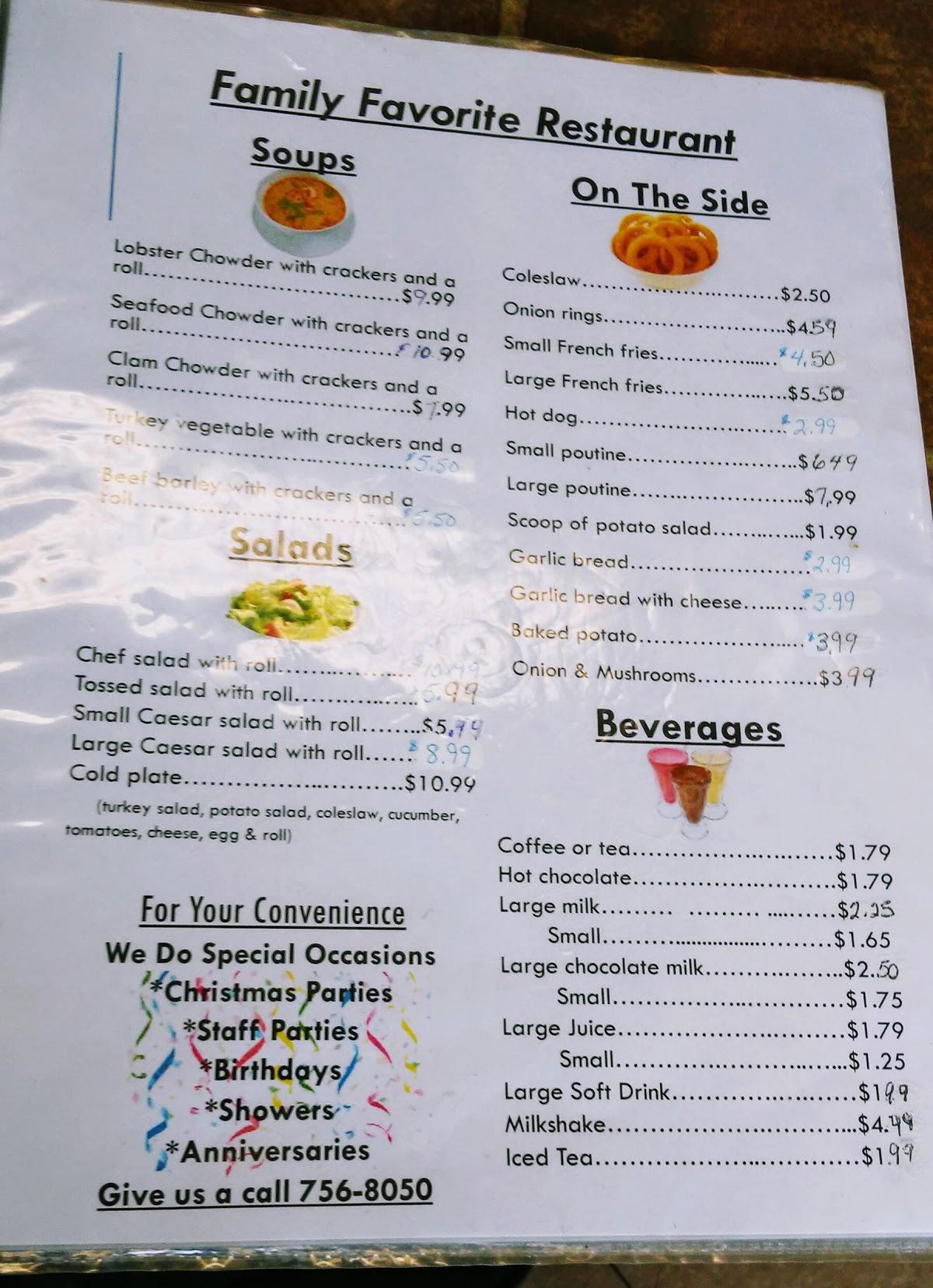 Menu at Family Favourite Restaurant, Petitcodiac