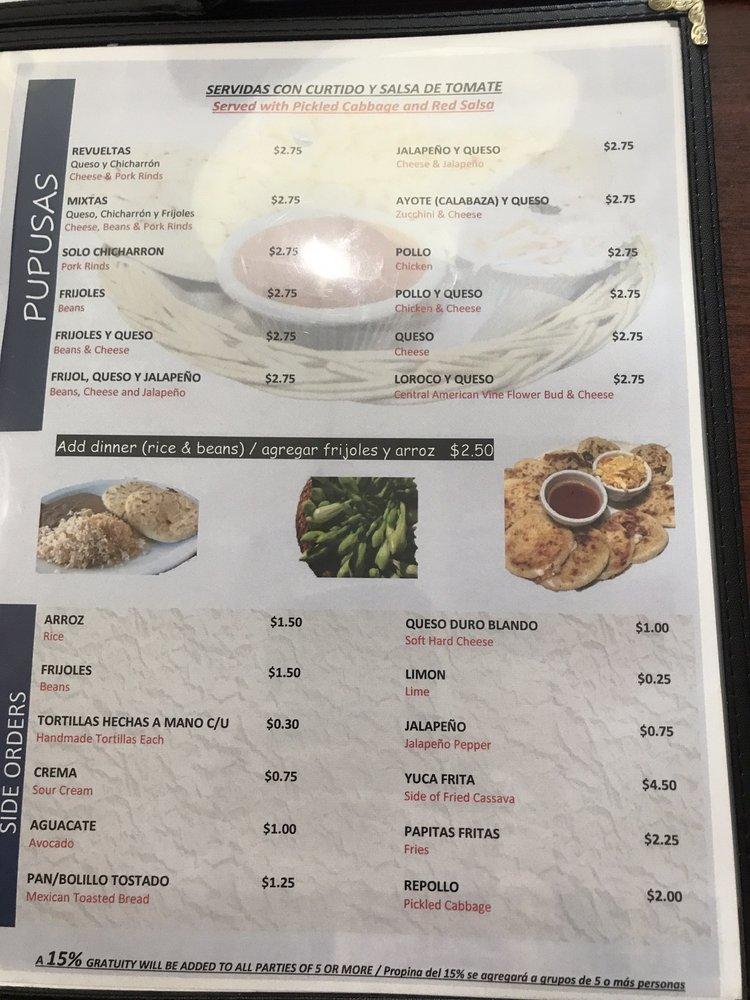 Menu at Pupusería Rinconcito Hispano restaurant, Des Plaines