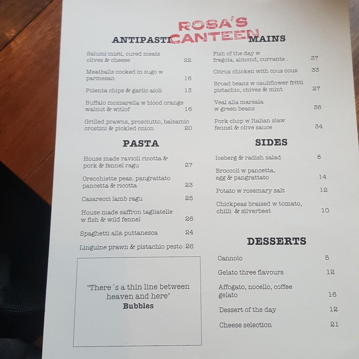 Menu at Rosa's Canteen restaurant, Melbourne